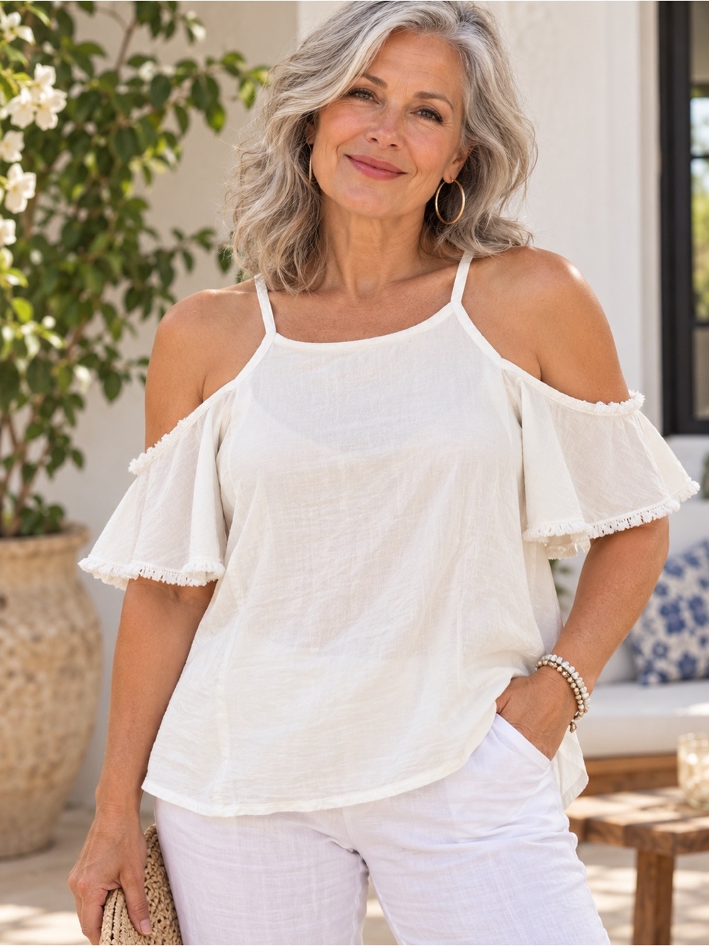 Blue Rain Cold-Shoulder Ruffle Top in White